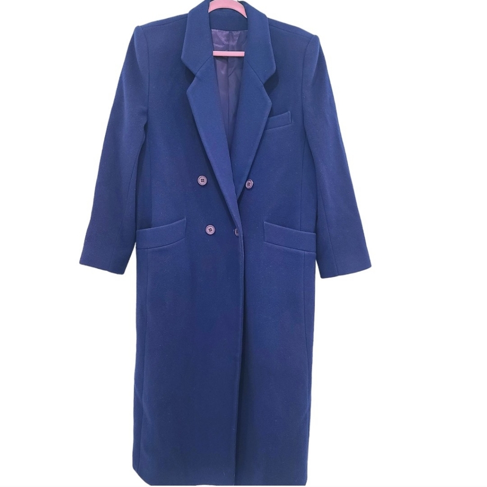 Ladies vintage blue wool top coat by Fleurette of California, size 12-14